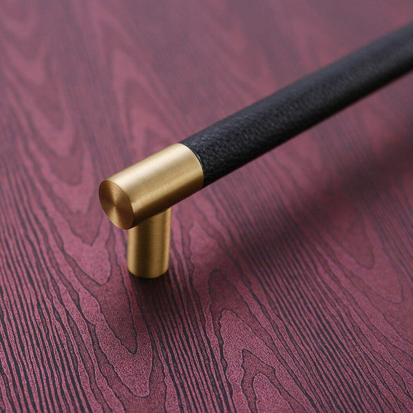 5PCS Cabinet Handles Solid Brass Cupboard Wardrobe Pulls Black/Brown Leather Hardware Drawer Door Handles Home Furniture Decor
