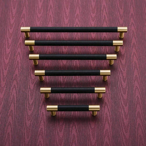 5PCS Cabinet Handles Solid Brass Cupboard Wardrobe Pulls Black/Brown Leather Hardware Drawer Door Handles Home Furniture Decor