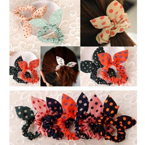 5pcs Girls Hair Bands Polka Dot Rabbit Ears Bow Heandband Scrunchies Ponytail Holders Scrunchy Hair Ring Women Hair Accessories (Random Color)