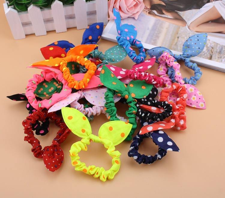 5pcs Girls Hair Bands Polka Dot Rabbit Ears Bow Heandband Scrunchies Ponytail Holders Scrunchy Hair Ring Women Hair Accessories (Random Color)
