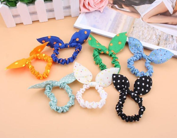 5pcs Girls Hair Bands Polka Dot Rabbit Ears Bow Heandband Scrunchies Ponytail Holders Scrunchy Hair Ring Women Hair Accessories (Random Color)
