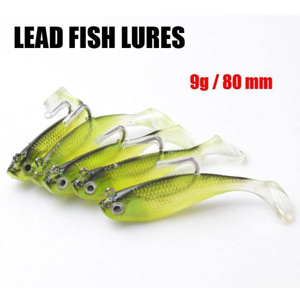Planet Gates 5Pcs/Lot 3D Eyes Lead Fishing Lures With T Tail Soft Fishing Lure Single Hook Baits artificial bait jig wobblers rubber 80mm/9g