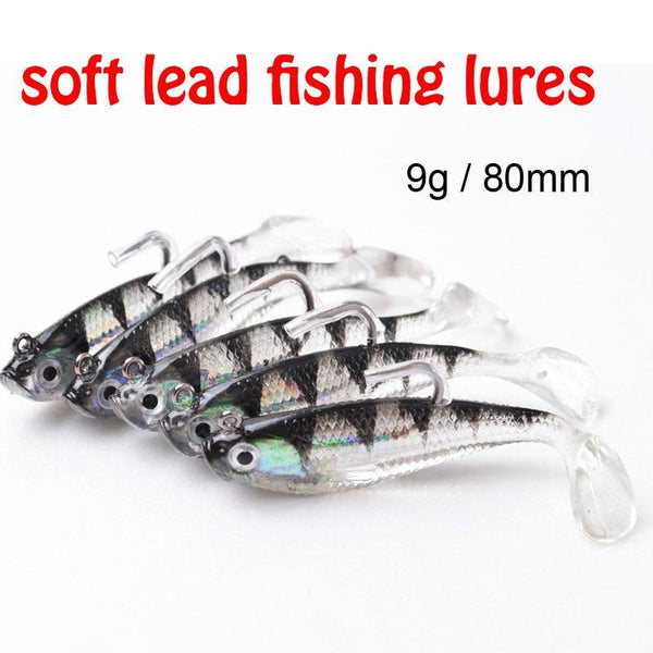 Planet Gates 5Pcs/Lot 3D Eyes Lead Fishing Lures With T Tail Soft Fishing Lure Single Hook Baits artificial bait jig wobblers rubber 80mm/9g