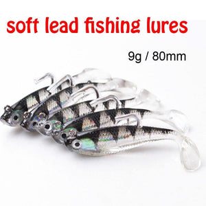 Planet Gates 5Pcs/Lot 3D Eyes Lead Fishing Lures With T Tail Soft Fishing Lure Single Hook Baits artificial bait jig wobblers rubber 80mm/9g