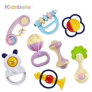 Planet Gates 5PCS Plastic Hand Jingle Shaking Bell+Kidsbele Infant Soft Bibs Newborn Baby Toys 0-12 Mnoths Teether Rattles Toys