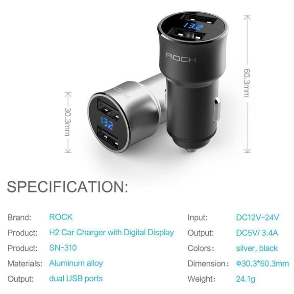 Planet Gates 5V3.4A Digital Display Car Charger, ROCK Screen Digital Readout Dual USB Car-Charger 2 ports car phone charger Clearance 49%