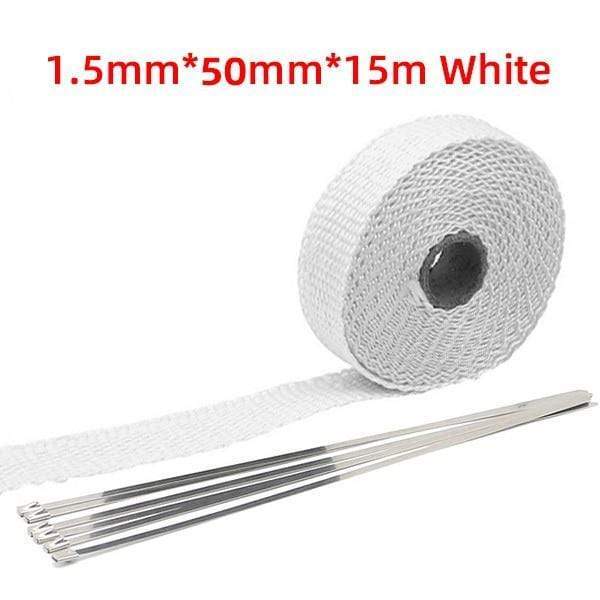 Planet Gates 5x15 White 5cm*5M/10M/15M/20M Exhaust Heat Wrap Thermal Tape Fiberglass Heat Wrap Manifold Insulation Roll Resistant with Stainless Ties