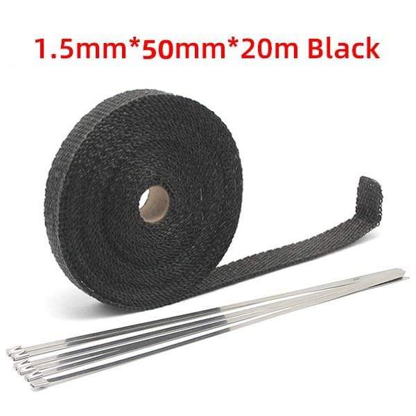Planet Gates 5x20 Black 5cm*5M/10M/15M/20M Exhaust Heat Wrap Thermal Tape Fiberglass Heat Wrap Manifold Insulation Roll Resistant with Stainless Ties