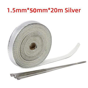 Planet Gates 5x20 Silver 5cm*5M/10M/15M/20M Exhaust Heat Wrap Thermal Tape Fiberglass Heat Wrap Manifold Insulation Roll Resistant with Stainless Ties