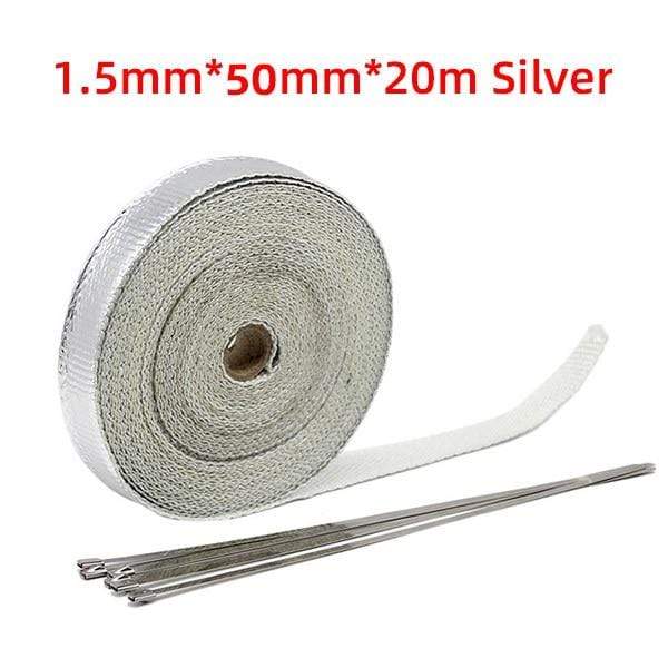 Planet Gates 5x20 Silver 5cm*5M/10M/15M/20M Exhaust Heat Wrap Thermal Tape Fiberglass Heat Wrap Manifold Insulation Roll Resistant with Stainless Ties