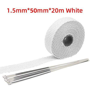 Planet Gates 5x20 White 5cm*5M/10M/15M/20M Exhaust Heat Wrap Thermal Tape Fiberglass Heat Wrap Manifold Insulation Roll Resistant with Stainless Ties