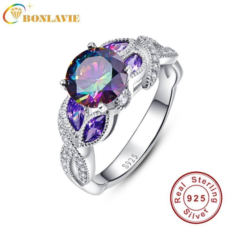 Planet Gates 6 / 925 Silver Ring 925 Sterling Silver Mystical Rainbow Topaz Rings with Sapphire Accent Stone Fashion Design Engagement
