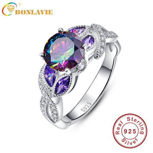 Planet Gates 6 / 925 Silver Ring 925 Sterling Silver Mystical Rainbow Topaz Rings with Sapphire Accent Stone Fashion Design Engagement