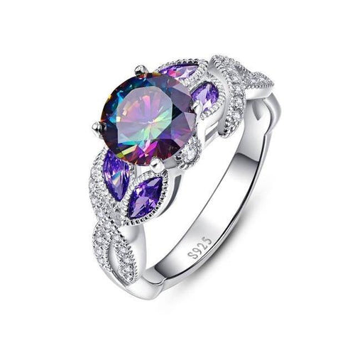 Planet Gates 6 / 925 Silver Ring 925 Sterling Silver Mystical Rainbow Topaz Rings with Sapphire Accent Stone Fashion Design Engagement