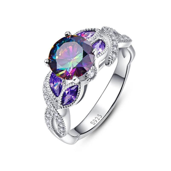 Planet Gates 6 / 925 Silver Ring 925 Sterling Silver Mystical Rainbow Topaz Rings with Sapphire Accent Stone Fashion Design Engagement