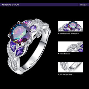 Planet Gates 6 / 925 Silver Ring 925 Sterling Silver Mystical Rainbow Topaz Rings with Sapphire Accent Stone Fashion Design Engagement