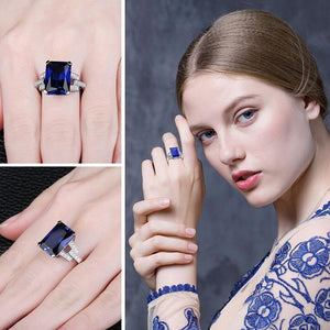 Planet Gates 6 Emerald Cut 9.6ct Created Blue Sapphire Cocktail Ring 925 Sterling Silver Ring for Fashion Women