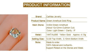 Planet Gates 6 / Green Amethyst Jewelry 6.6ct Natural Square Cushion Green Amethyst 14k Gold Ring Free Shipping