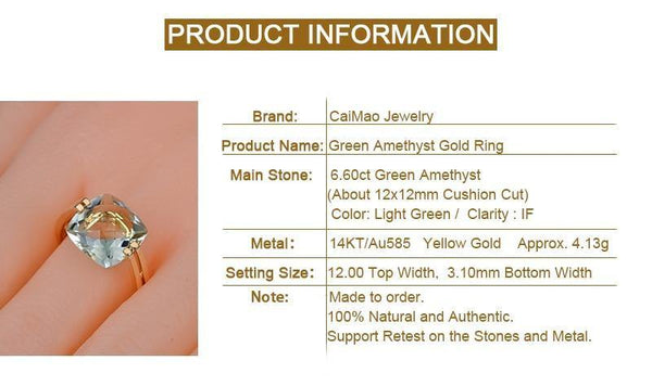 Planet Gates 6 / Green Amethyst Jewelry 6.6ct Natural Square Cushion Green Amethyst 14k Gold Ring Free Shipping