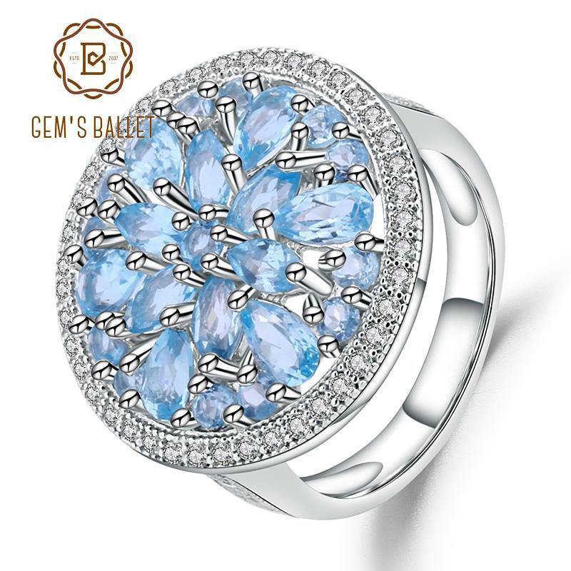 Planet Gates 6 Natural Swiss Blue Topaz Genuine 925 sterling silver Round Vintage Fashion Rings For Women