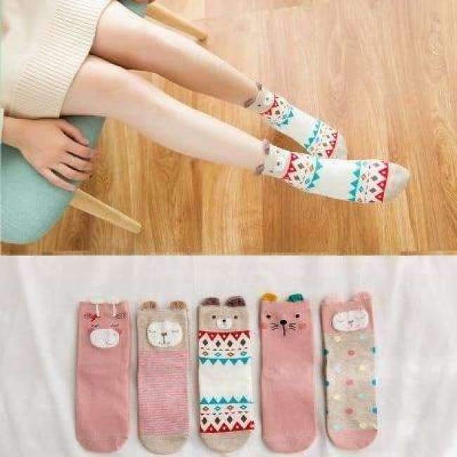 Planet Gates 10PCS=5Pairs/lot Lovely Cartoon Women Horse Bear Rabbit Animal Socks Cotton Sox Women Girls Lady Female Socks Warm Candy Color