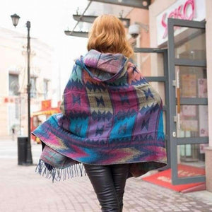 Planet Gates 6 / One Size Women Winter Bohemian Hooded Coat Cape Wrap Poncho Shawl Scarf cotton and acrylic Tribal Fringe New Hoodie Dropshipping