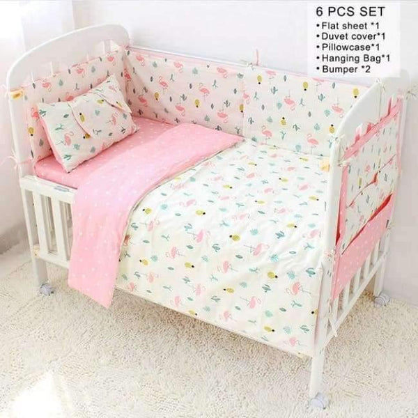 Planet Gates 6 Pcs Set Baby Bedding Set Flamingo Pattern Crib Kit Including Cot Bumper Flat Sheet Pillowcase Duvet Cover Baby Bed Hanging Bag For Girls