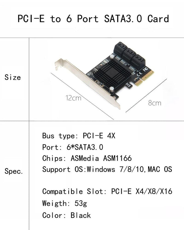 Planet Gates 6 Port SATA 3 PCI Express Expansion Card PCI-E/PCIE SATA Controller SATA Multiplier SATA3 6Gbps ASMedia ASM1166 Chip for HDD SSD
