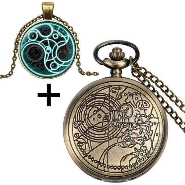 Planet Gates 6 Quartz Pocket Watch with Dr. Who Symbols Glass Dome Pendant Necklace Chain Box DAD Top Gifts Set