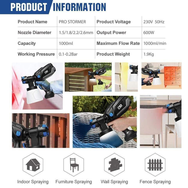 600W Electric Spray Gun HVLP Home Paint Sprayer 1000ml Capacity 4 Nozzle Sizes Flow Control Airbrush Easy Spraying