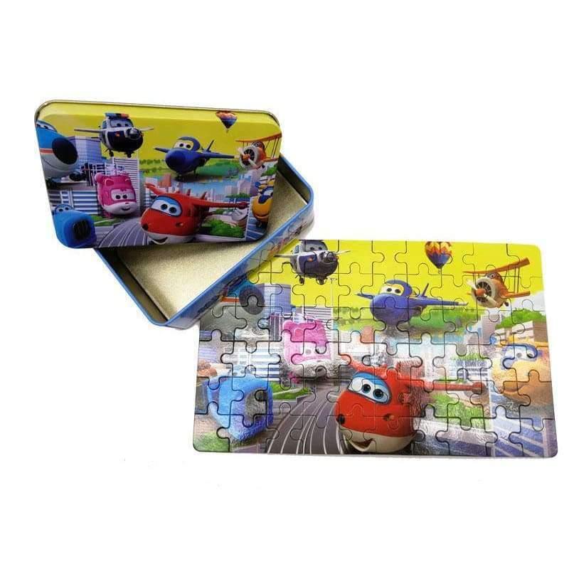 Planet Gates 60pcs/100pcs Cartoon Super Wings Wooden Puzzle Toy 3D Puzzle Iron Box Package for Child Educational Montessori Wooden Toys