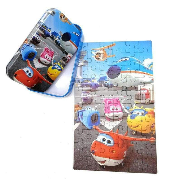 Planet Gates 60pcs/100pcs Cartoon Super Wings Wooden Puzzle Toy 3D Puzzle Iron Box Package for Child Educational Montessori Wooden Toys