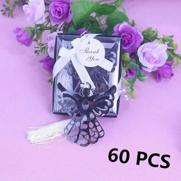 Planet Gates 60PCS Party Favor  Angel Silver Metal Bookmark Boxed For Baptism Baby Bridal Shower Christening Wedding Favours Bomboniere
