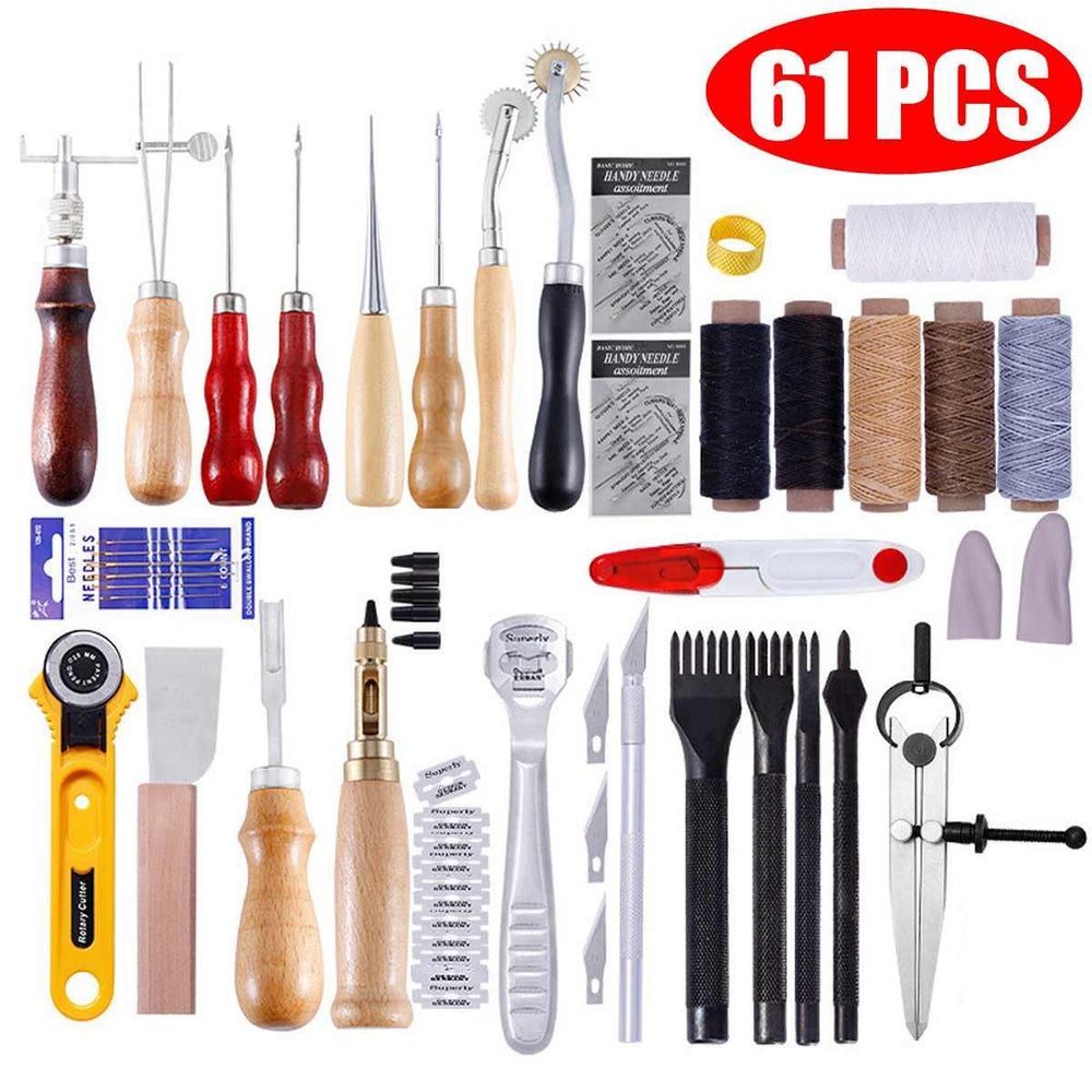 Planet Gates 61 Pcs Professional Leather Craft Tools Kit Home Hand Sewing Stitching Punch Carving Work Saddle Leathercraft Accessories