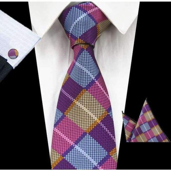 Planet Gates 61 RBOCOTT New Men's 8cm Classic Ties Novelty Geometric Silk Tie Hanky Cufflinks Plaid Necktie Sets For Men Business Wedding Party