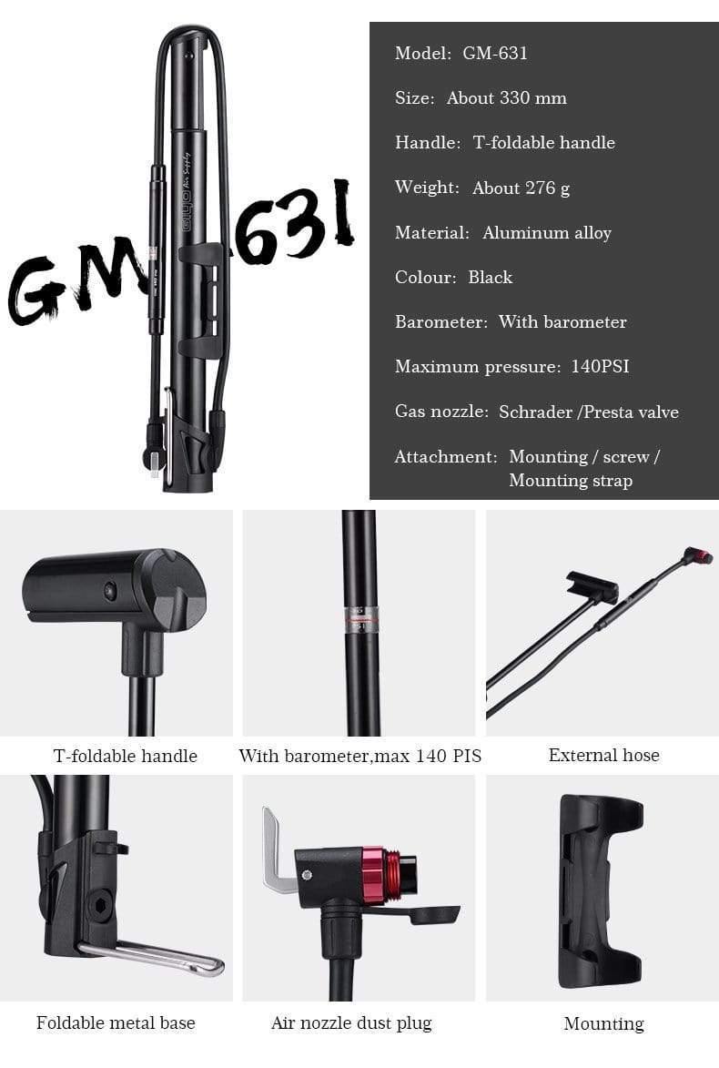 Planet Gates 631 Cycling Bicycle Pump 140 PSI MTB Foldable Bike Ball Aluminum Alloy Portable Floor Air Inflator Pump Presta / Schrader Valve