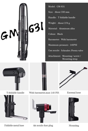 Planet Gates 631 Cycling Bicycle Pump 140 PSI MTB Foldable Bike Ball Aluminum Alloy Portable Floor Air Inflator Pump Presta / Schrader Valve