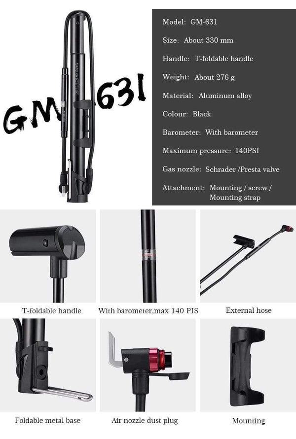 Planet Gates 631 Cycling Bicycle Pump 140 PSI MTB Foldable Bike Ball Aluminum Alloy Portable Floor Air Inflator Pump Presta / Schrader Valve
