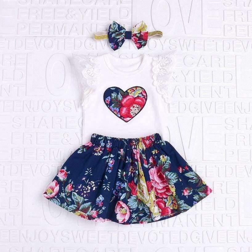 Planet Gates 6M / China Summer 3Pcs Baby Girls Floral Print Short sleeve Lace Tops with Skirt and headband Outfits Set Baby Kleding GB2