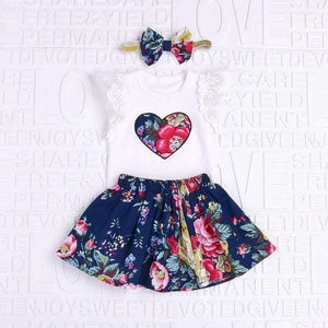 Planet Gates 6M / China Summer 3Pcs Baby Girls Floral Print Short sleeve Lace Tops with Skirt and headband Outfits Set Baby Kleding GB2