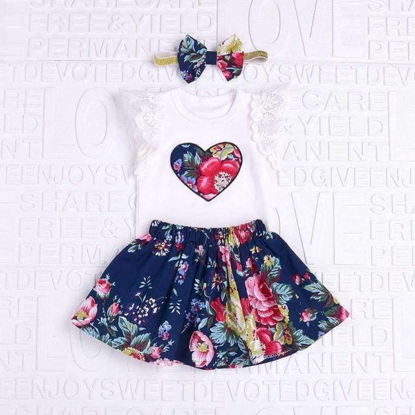 Planet Gates 6M / China Summer 3Pcs Baby Girls Floral Print Short sleeve Lace Tops with Skirt and headband Outfits Set Baby Kleding GB2