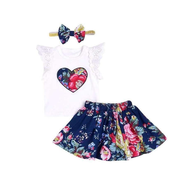 Planet Gates 6M / China Summer 3Pcs Baby Girls Floral Print Short sleeve Lace Tops with Skirt and headband Outfits Set Baby Kleding GB2