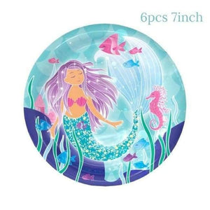Planet Gates 6pcs paper plate 1pcs Little Mermaid Unicorn Party Tablecloth Kids Birthday Party Decoration Cute Table Cover Wedding Christening Supplies