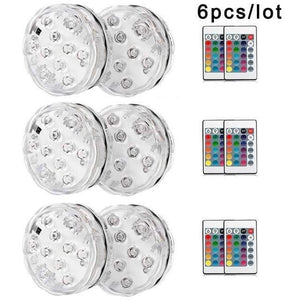 Planet Gates 6pcs Underwater LED Light Submersible IP68 Waterproof Battery Operated Remote Control Multi Color 10 LED RGB Swimming Pool Night Lamp