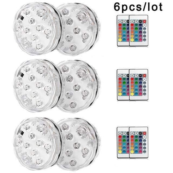 Planet Gates 6pcs Underwater LED Light Submersible IP68 Waterproof Battery Operated Remote Control Multi Color 10 LED RGB Swimming Pool Night Lamp