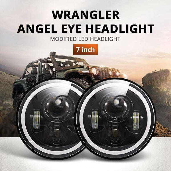 Planet Gates 7" LED Headlights 60W High Low Beam LED H4 Halo Angel Eye DRL Amber Turn Signal for Jeep Wrangler JK TJ Land Rover Harley