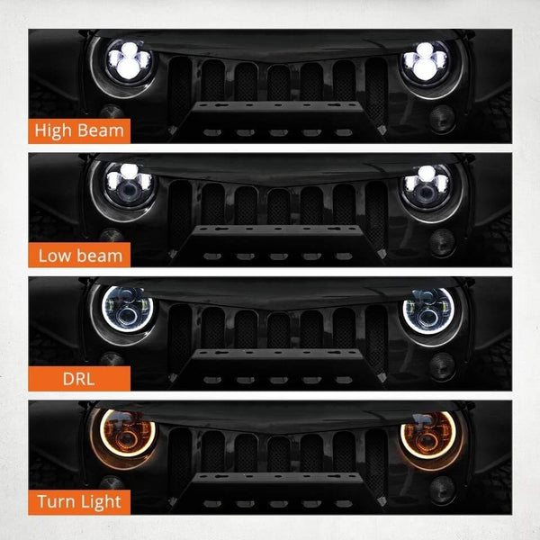 Planet Gates 7" LED Headlights 60W High Low Beam LED H4 Halo Angel Eye DRL Amber Turn Signal for Jeep Wrangler JK TJ Land Rover Harley