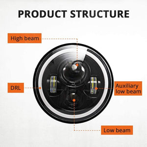 Planet Gates 7" LED Headlights 60W High Low Beam LED H4 Halo Angel Eye DRL Amber Turn Signal for Jeep Wrangler JK TJ Land Rover Harley