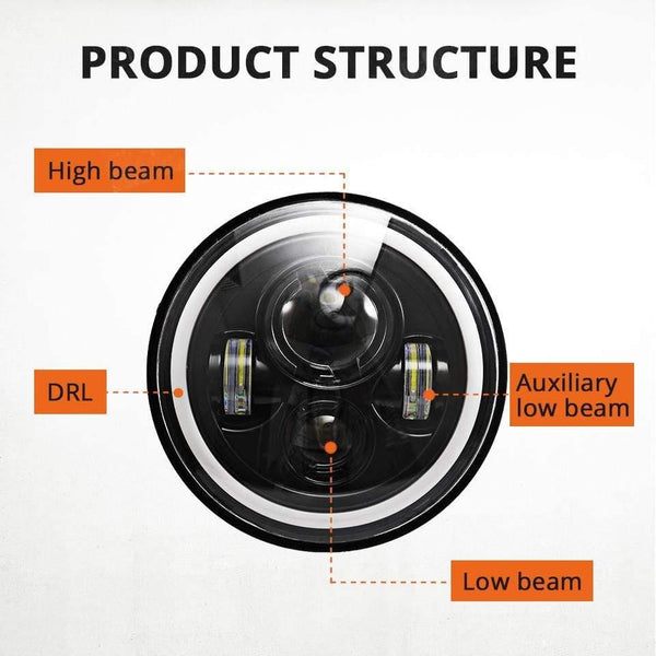 Planet Gates 7" LED Headlights 60W High Low Beam LED H4 Halo Angel Eye DRL Amber Turn Signal for Jeep Wrangler JK TJ Land Rover Harley