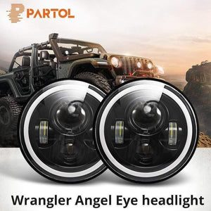 Planet Gates 7" LED Headlights 60W High Low Beam LED H4 Halo Angel Eye DRL Amber Turn Signal for Jeep Wrangler JK TJ Land Rover Harley